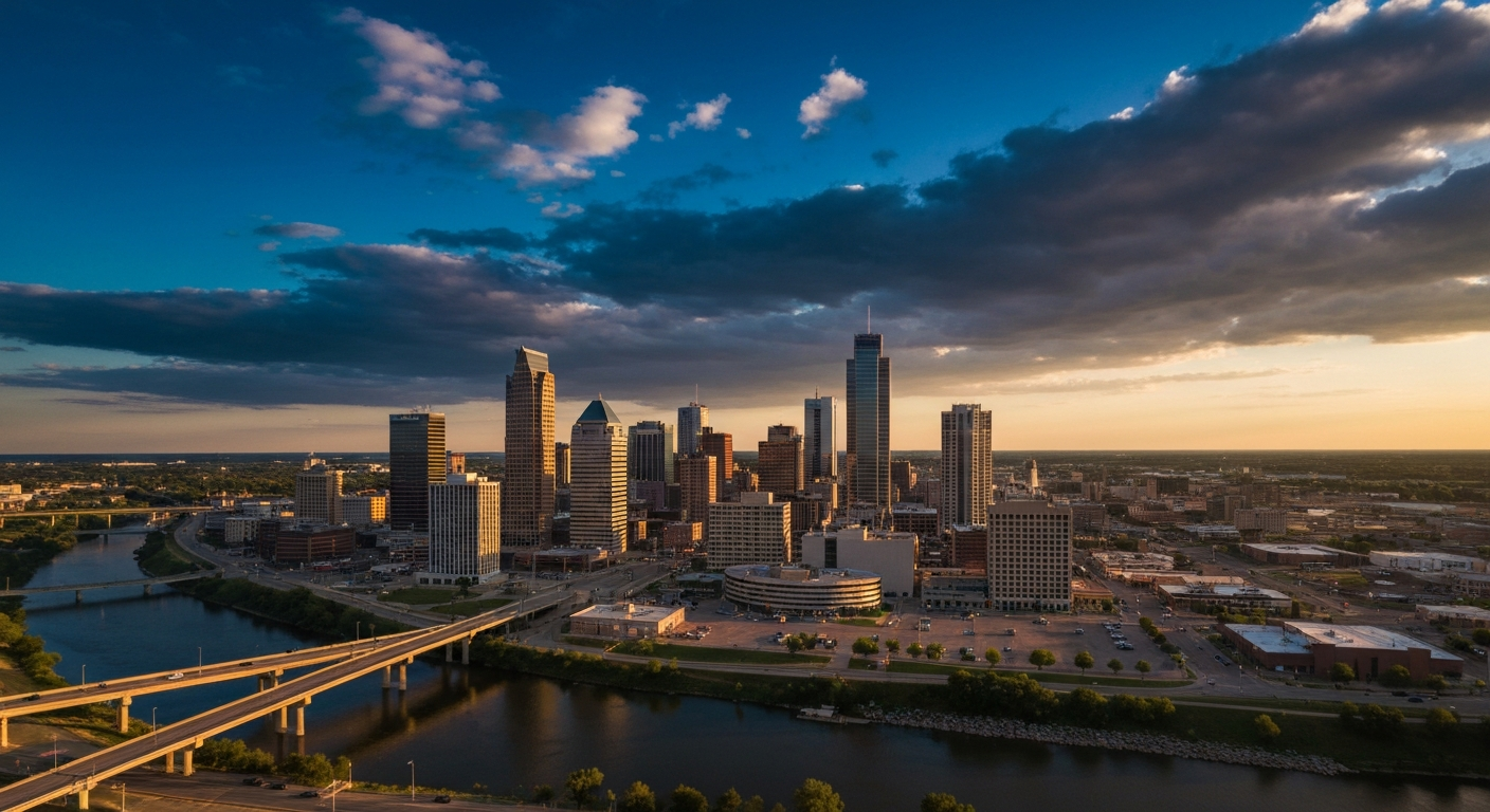 Oklahoma City skyline with small business district at golden hour
