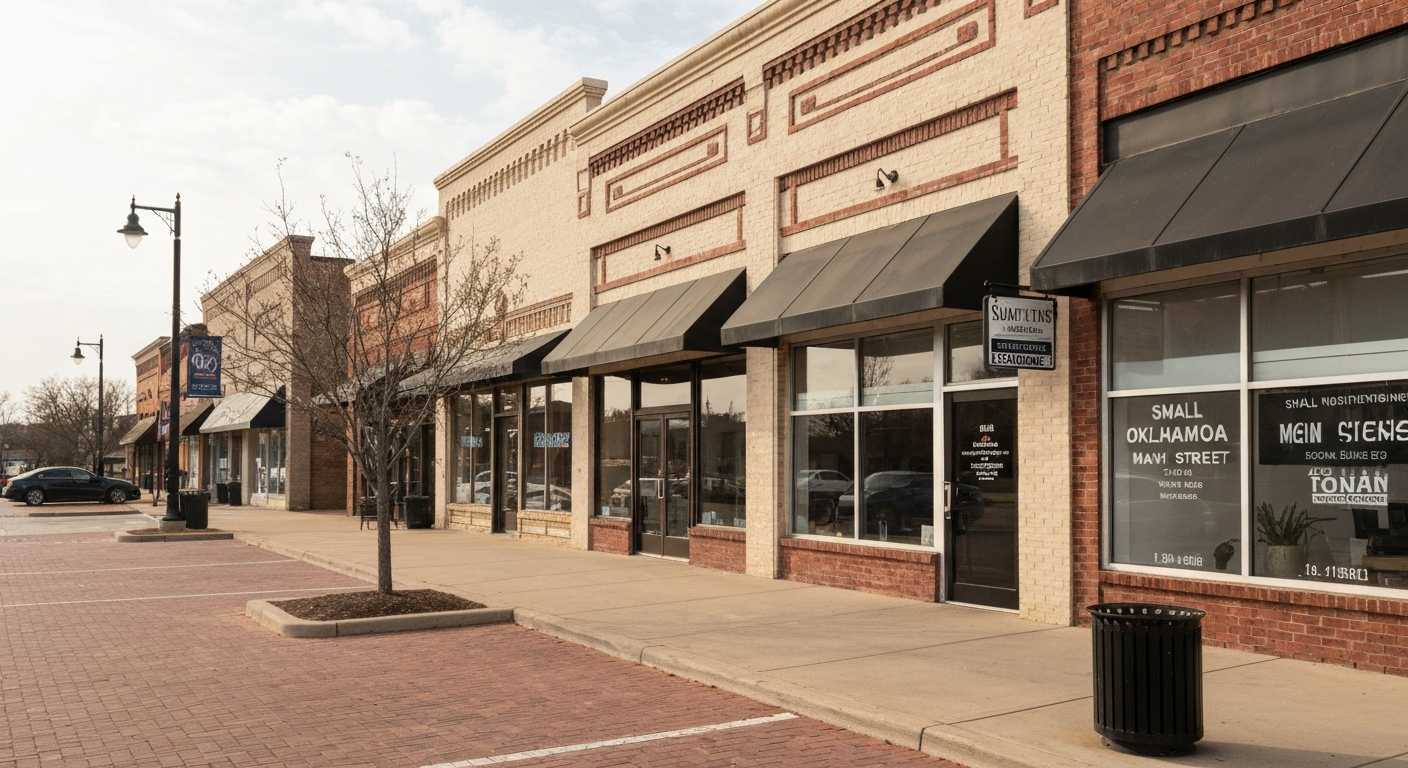 Small businesses on an Oklahoma Main Street that require local business licenses